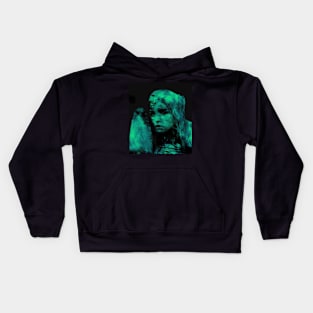 Beautiful girl, warrior with a shield, knight. Dark but beautiful. Blue and green. Kids Hoodie